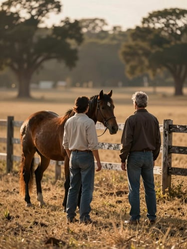Wide environmental shot of two people standing quietly beside a horse in an Oakdale pasture at golden hour, faces turned away toward the animal, hands loosely at sides, dry grass and a weathered fence line extending into soft bokeh, documentary stillness