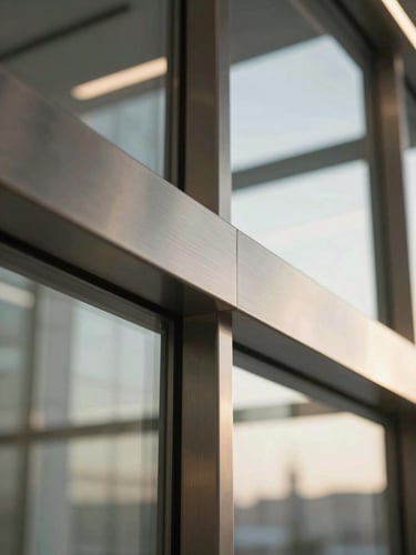 Extreme close-up detail of high-end corporate office interior, brushed metal fixtures, structural glass reflecting warm natural light, soft focus background
