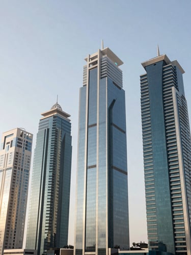 Wide high-altitude architectural shot of Riyadh financial district skyscrapers under bright crisp natural daylight, clean structural glass and steel, negative space on the left