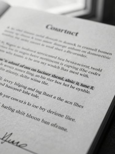 Extreme close-up of a printed contract page, a single clause highlighted under flat overcast window light, stamped signature line visible at lower edge, document texture sharp, no people, black and white