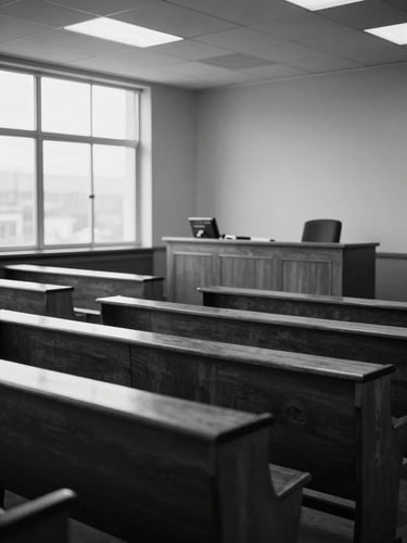 Wide shot of an empty courtroom interior, overcast north-facing window light falling across wooden benches and bare walls, deep perspective toward a raised bench, no people present, high contrast black and white tones