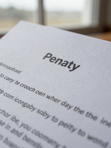Extreme close-up of a printed construction contract, a single penalty clause visible under overcast north-facing window light, paper texture sharp, ink dense black on white, no people