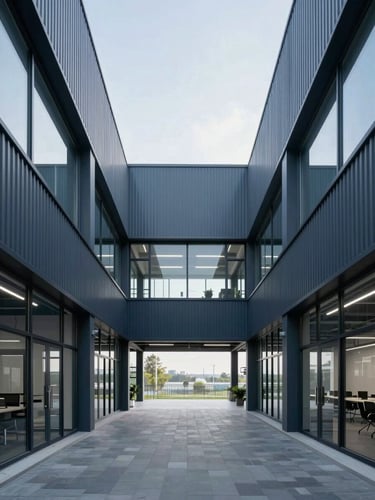 Symmetrical architectural crop of modern industrial workspace with clean lines and cool daylight, 50mm lens