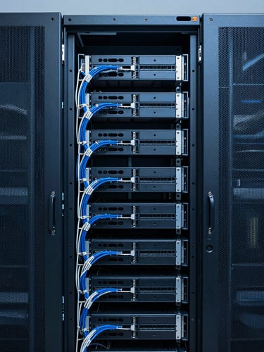 Straight-on architectural crop of clean server racks, immaculate cable management, deep tech blue and charcoal tones, cool daylight, high contrast, 50mm lens