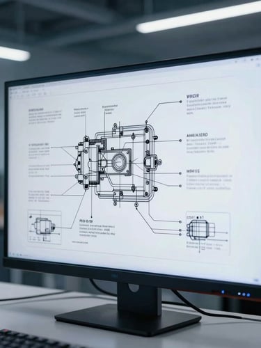 Close-up of technical schematics on a clean screen inside a modern, organized engineering workspace, cool industrial daylight