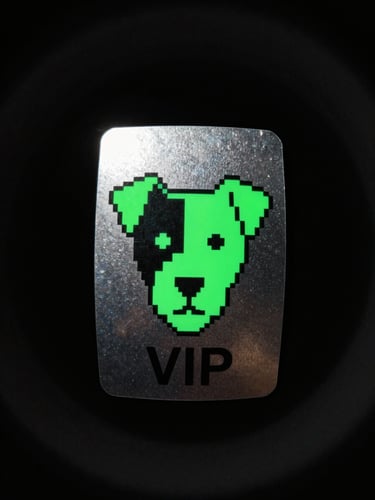 Lo-fi glitch photo of a physical metallic VIP keycard with a pixelated Jack Russell emblem, harsh direct flash, neon green underglow, dark charcoal background