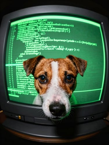 Extreme close-up fisheye photo of a Jack Russell Terrier looking intensely at a neon green CRT monitor displaying glowing code, high contrast, raw digital texture