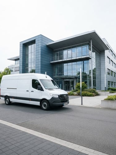 Wide environmental shot of a clean Norus delivery vehicle parked outside a modern steel-framed corporate headquarters, bright overcast daylight, sharp focus