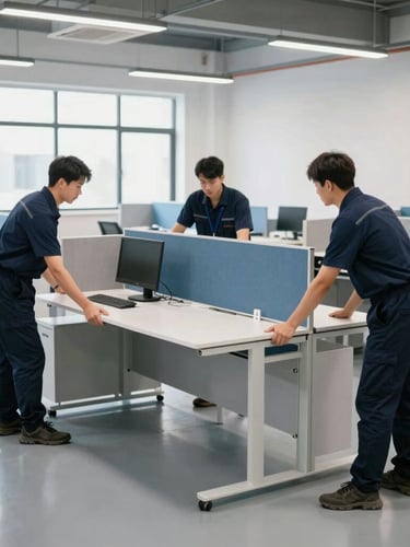 Medium shot of professional office furniture installers in dark blue uniforms leveling a modular workstation desk in a bright, modern commercial office space, natural daylight.