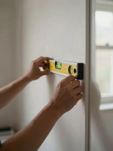 Close-up detail of a kitchen cabinet carcass being fitted against a wall — a tradesperson's hands positioning the unit level, spirit level resting on top, natural light from a nearby window, no faces visible, honest in-progress documentation
