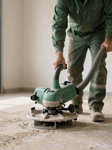 A technician operating a heavy-duty walk-behind concrete diamond grinder, dust-free vacuum hose attached, soft natural light, clean garage interior, professional execution.