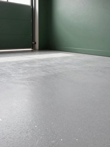 Low-angle architectural shot of a modern Scandinavian garage, pristine finished grey epoxy floor with subtle white and black flakes, soft natural light pouring from open door, matte forest green accents.