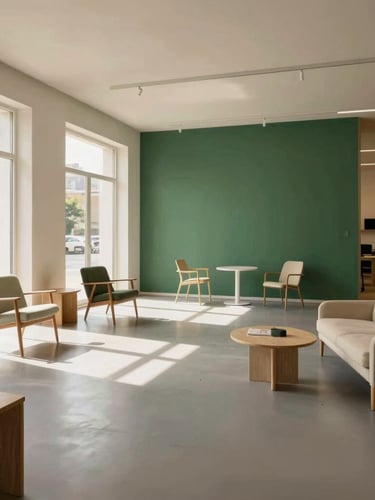 Wide-angle architectural shot of a modern, sunlit commercial showroom with a seamless matte gray epoxy floor, minimalist Scandinavian furniture, soft daylight streaming from large windows, 35mm lens.