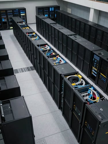 Overhead view of a network operations center floor, multiple server racks arranged in rows, structured cabling in trays visible from above, cool operational lighting, empty of personnel