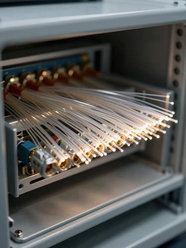 Close-up of a fiber optic splice tray inside a rack enclosure, individual strands fanning out under cool overhead lighting, shallow depth of field with connector ends catching light