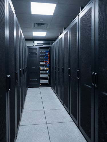 Wide environmental shot of a server room corridor, illuminated rack cabinets receding into the distance, cool white overhead fluorescents, cable management visible between racks, no people