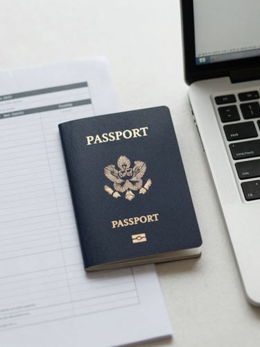 Overhead flat-lay of organized travel documents, a passport, a clean laptop displaying structured files, soft overcast daylight, muted navy tones