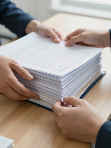 Close-up of hands organizing structured files and receipts on a clean wooden desk, soft overcast daylight, shallow depth of field, 35mm