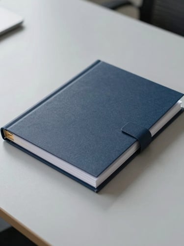 Overhead flat-lay of a structured paper dossier on a clean slate gray desk, soft overcast daylight, shallow depth of field, 35mm