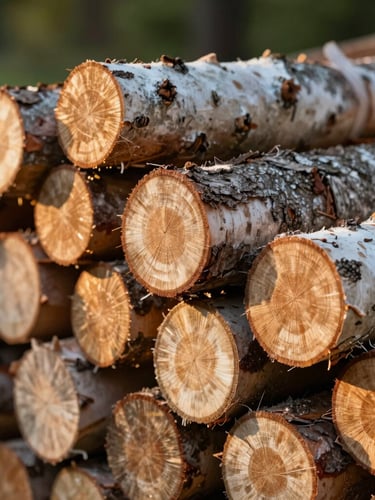 Macro shot of kiln-dried birch logs stacked neatly, showing crisp edges and clean bark, soft golden-hour light