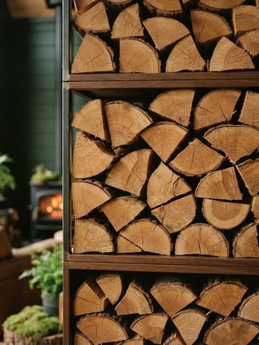 Warm editorial photography of clean-cut, kiln-dried oak logs neatly stacked in a modern wood storage, soft natural daylight, rich forest green tones, shallow depth of field, 35mm.