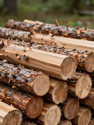 Close-up of clean-cut, neatly stacked kiln-dried oak logs showing dry grain texture, soft natural daylight, shallow depth of field, premium wood yard