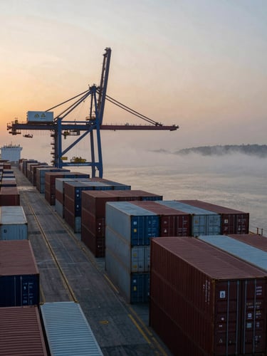Wide panoramic view from the bridge of a container terminal at dawn, rows of stacked containers receding into the left distance, a single crane arm silhouetted against a gold-tinted sky, cool mist over the water to the right, cinematic controlled contrast, no people visible