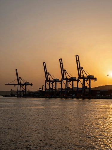 Extreme wide shot of a container terminal at dusk, cranes silhouetted against a deep amber sky to the far right, the left two-thirds open water and dock infrastructure under cinematic golden-hour light, no people visible