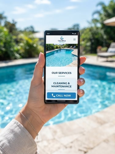 A hand holding a smartphone displaying a clean pool service website with a prominent click-to-call button, sparkling blue swimming pool in the background, bright midday sunlight.
