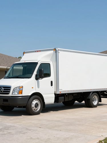 A modern white service truck with clean branding parked in a neat suburban driveway, bright clear-sky daylight, professional composition.
