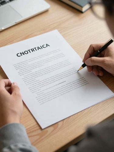 Encuadre medio de un analista revisando un contrato impreso sobre un escritorio de madera clara, luz natural de oficina iluminando el papel, estilo editorial y sobrio.