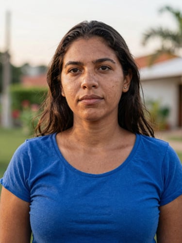 A powerful portrait of a Brazilian woman looking forward with confidence, warm natural golden hour light, soft background of a community garden, 35mm editorial photography