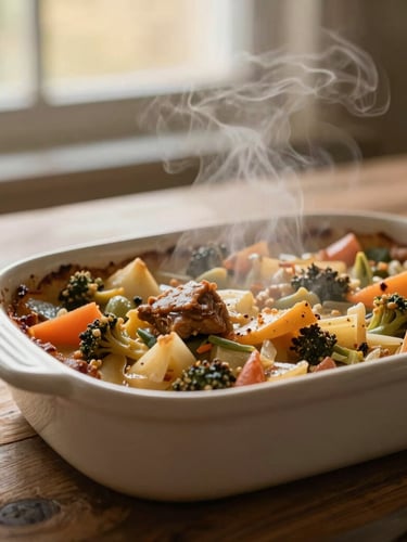 Close-up details of steam rising from a hearty continental vegetable bake on a rustic wooden table, soft natural depth of field, warm earthy tones.