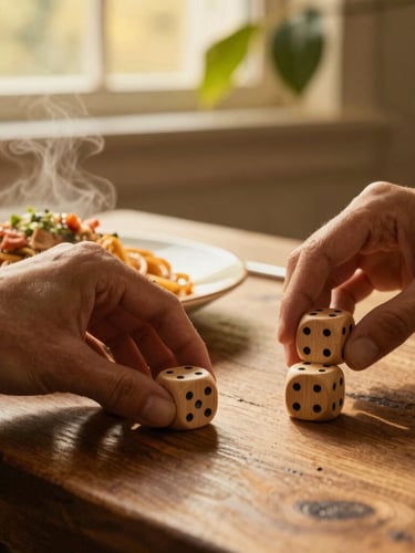 Close-up editorial shot of hands rolling wooden dice on a rustic oak table, steam rising from a nearby continental pasta plate, warm golden-hour window light filtering through green leaves, 35mm film.
