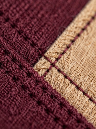 Macro close-up of heavy-gauge wool stitches in deep Cranberry and Warm Sand, showcasing flawless stitch-precision under soft daylight.