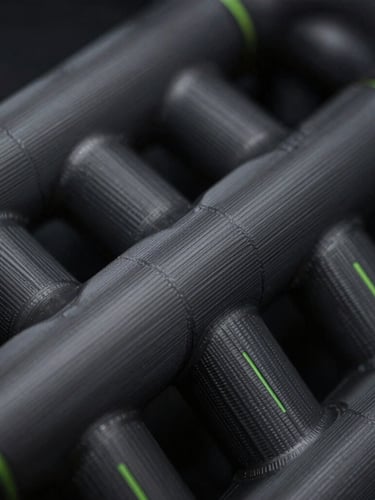 Macro shot of a functional 3D printed automotive manifold showing precise layer lines, low-key dramatic studio lighting.