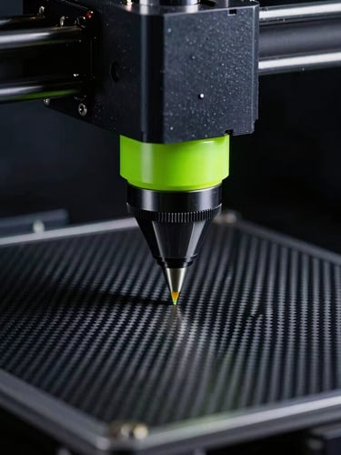 Macro lens close-up of a dual-extrusion industrial 3D printer nozzle depositing carbon-fiber filament on a heated vacuum bed, low-key dramatic studio lighting