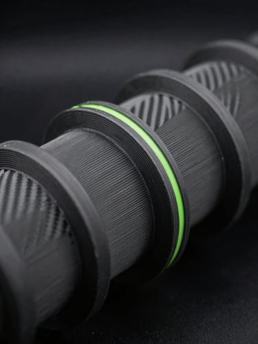 Macro photograph of a carbon-fiber reinforced FDM 3D printed manifold, visible precise layer lines, low-key dramatic studio lighting, dark gray tones with neon green highlights