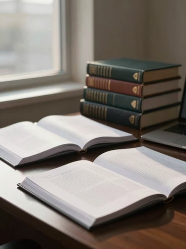 Wide shot of a law office at late afternoon, open legal reference books stacked on a desk near a north-facing window, soft natural light illuminating printed case documents, a quiet and ordered workspace