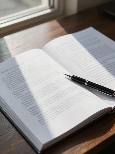 Close-up of open case law folders and handwritten legal notes on a dark wood desk, natural north-facing window light casting soft shadows across the documents, a pen resting mid-page