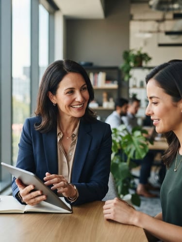 Profesional coach wanita tersenyum, memegang tablet, berinteraksi dengan klien di kantor modern yang cerah, cahaya alami lembut dari jendela, perspektif medium close-up, shallow depth of field.