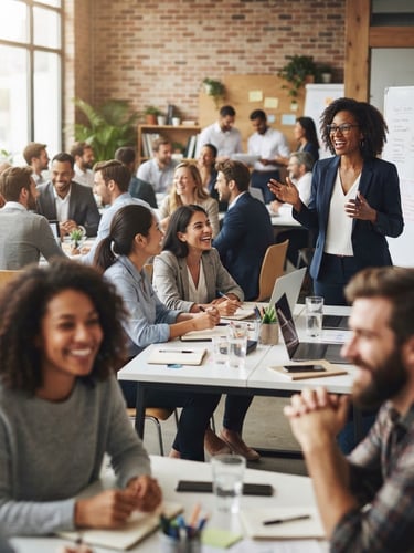 Energetic corporate training session with a diverse group of professionals engaged in an interactive workshop, facilitator leading, natural window light, soft focus on participants in the foreground, professional and warm atmosphere.