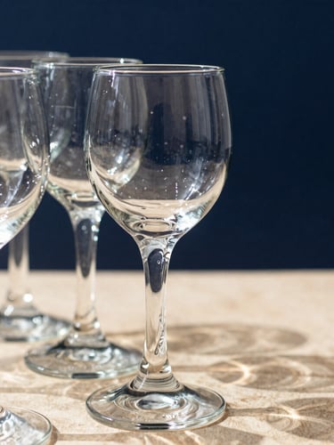 Sharp close-up of a stack of clear Duralex glassware catching bright natural daylight, showing the authentic 'Made in France' stamp on the bottom, deep navy background.