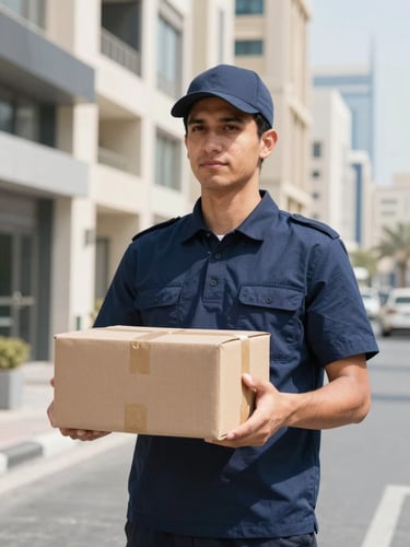 Professional courier in a clean navy uniform holding a secure package under bright natural daylight in a modern Dubai street, 35mm crisp commercial photography