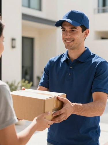 Close-up of a professional courier in a clean navy blue uniform handing over a secure package to a customer at a modern Dubai residential doorstep, bright natural daylight, warm friendly interaction