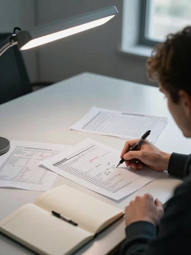 Close environmental shot from behind a figure alone at a large desk, leaning over a printed earnings report marked up with pen annotations, cool overhead office light, documents and a closed notebook in the foreground, window light entering from the right, no face visible
