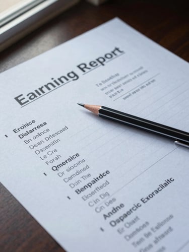 Close overhead view of an earnings report printed on paper, margin notes in dark ink, a mechanical pencil resting across the page, cool window light from the left, institutional desk surface visible at edges
