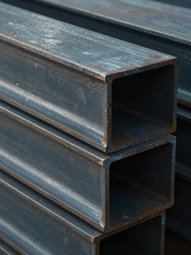 Cinematic close-up of stacked heavy-gauge structural steel beams, cold metallic tones, dramatic side-lighting with deep shadows, 35mm industrial photography