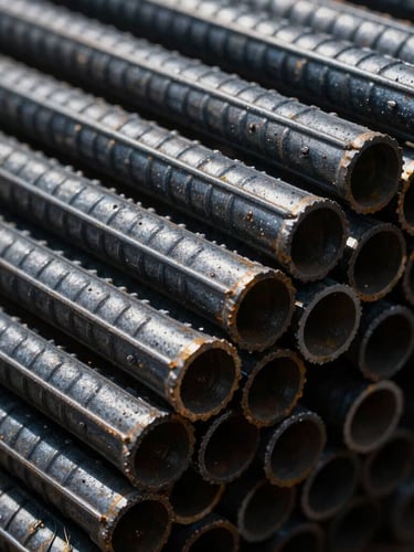 Extreme macro close-up of stacked heavy-gauge structural steel reinforcement bars, cold metallic tones, dramatic side-lighting with deep shadows, sharp industrial textures