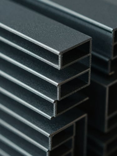 Extreme close-up of dark grey extruded PVC profiles stacked in geometric patterns under low-key dramatic side-lighting, cold metallic tones, 35mm